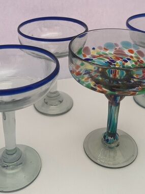 Handblown Mexican 1 Multi-Color Glass Margarita and 3 with Blue Rim